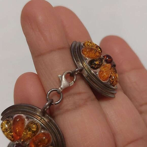 OOAK Vintage Rare Sterling Silver Multicolor Amber Citrus Orange Halves Bracelet - Picture 4 of 8